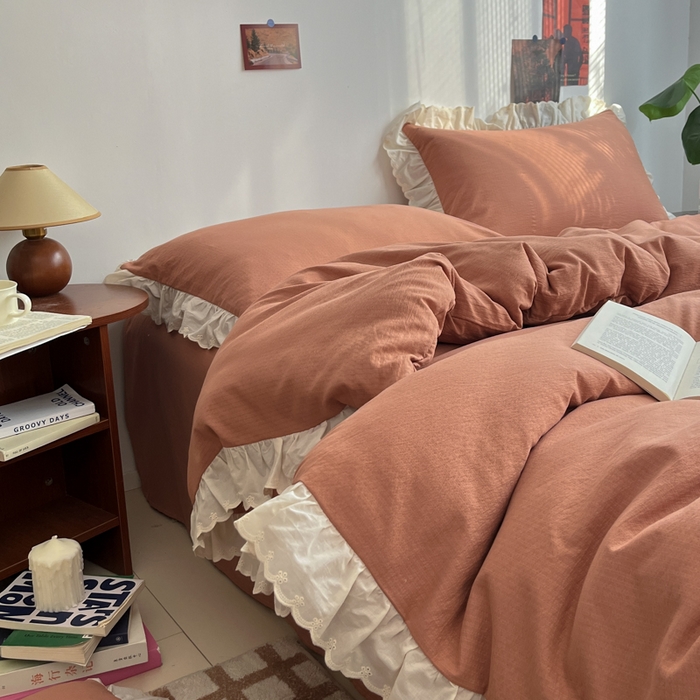 91家纺网 家纺一手货源 找家纺 慕澄家纺 2025新款中古风法式蕾丝复古四件套 焦糖