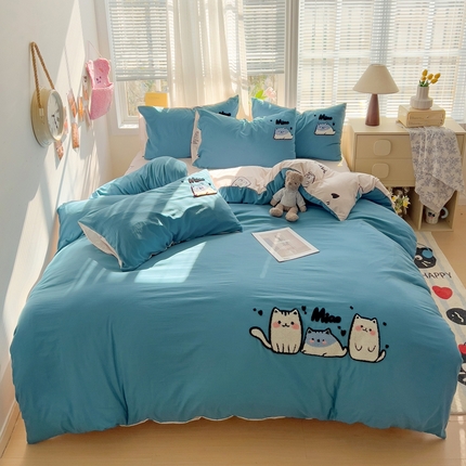 91家纺网 家纺一手货源 找家纺 凯洛奇 2025新款1卡通水洗棉印+绣毛巾绣四件套 猫咪时光