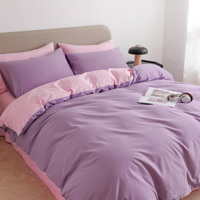 91家纺网 家纺一手货源 找家纺 富馨莱 2025新款60支纯棉纯色双拼四件套 丁香紫+白桃粉