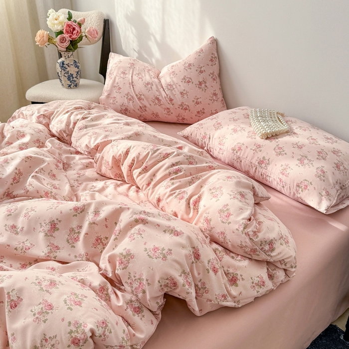 91家纺网 家纺一手货源 找家纺 欧尚 2025新款有氧针织双层纱四件套 花影粉