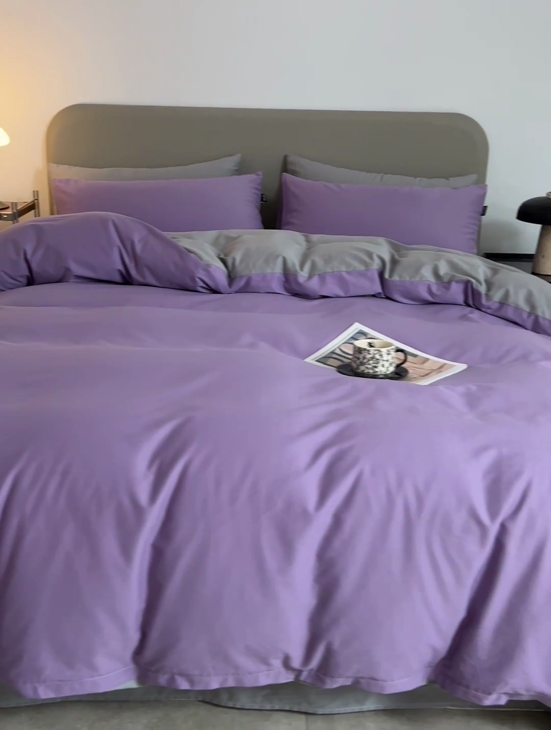 91家纺网 家纺一手货源 找家纺 富馨莱 2025新款60支纯棉纯色双拼四件套 丁香紫+浅灰