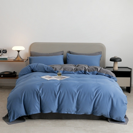 富馨莱 2025新款60支纯棉纯色双拼四件套 布鲁蓝+深灰