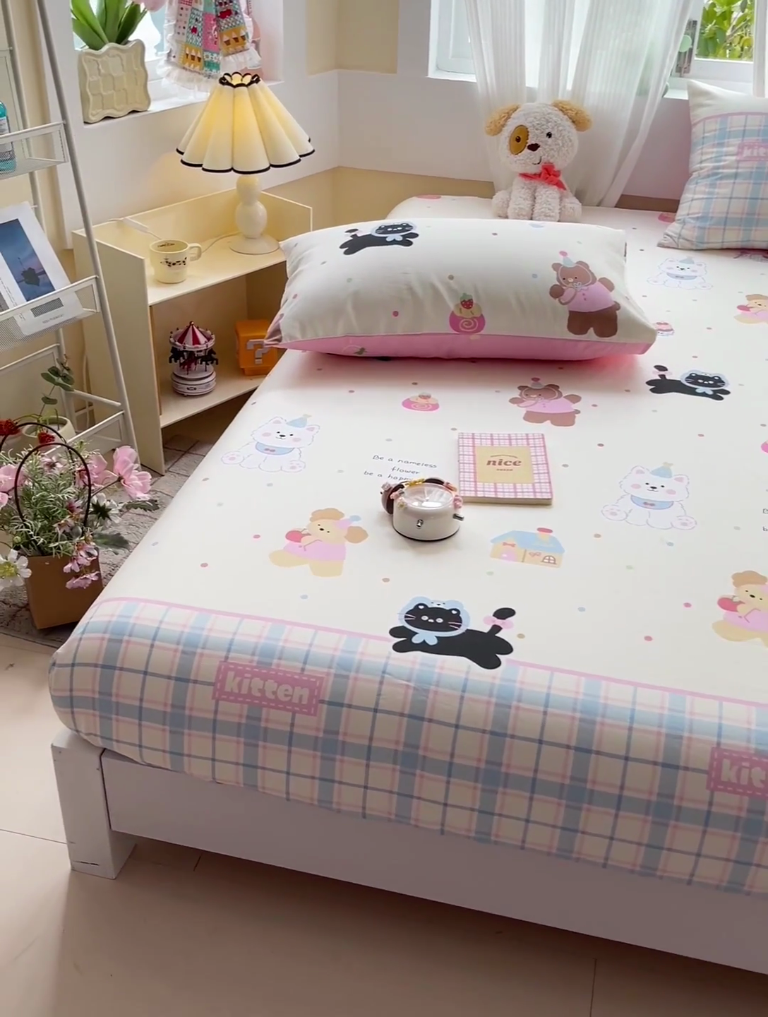 91家纺网 家纺一手货源 找家纺 名兮家居 2025新款13372全棉印花四件套单品系列-单床笠 可爱喵