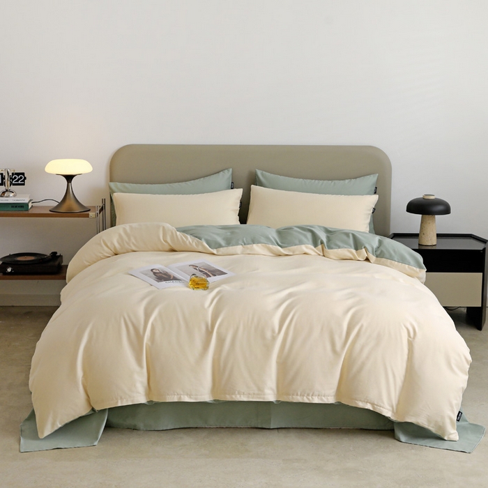 91家纺网 家纺一手货源 找家纺 富馨莱 2025新款60支纯棉纯色双拼四件套 奶白+抹茶绿