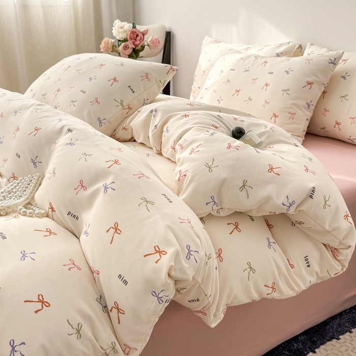 91家纺网 家纺一手货源 找家纺 欧尚 2025新款有氧针织双层纱四件套 蝴蝶结