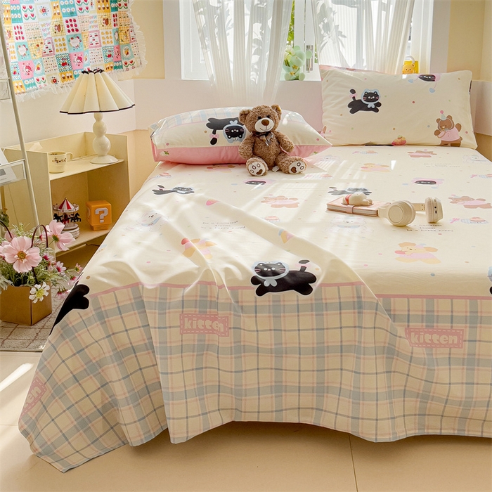 91家纺网 家纺一手货源 找家纺 名兮家居 2025新款13372全棉印花四件套单品系列-单床单 可爱喵