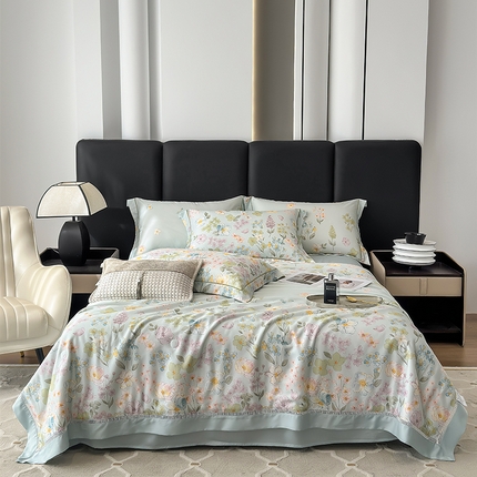 91家纺网 家纺一手货源 找家纺 （总）娇逸家居 2025新款50支印花莱赛尔天丝夏被镂空款花边夏凉被