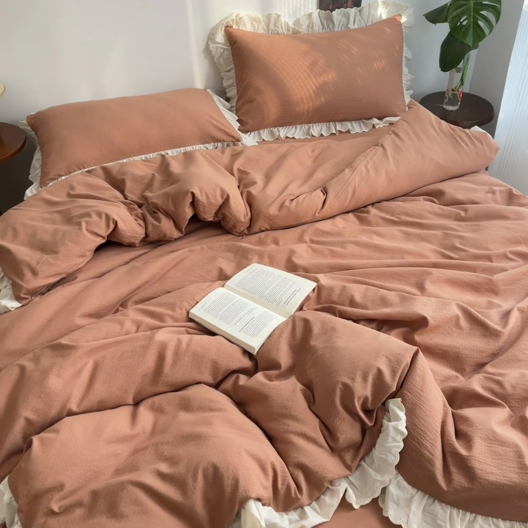 91家纺网 家纺一手货源 找家纺 慕澄家纺 2025新款中古风法式蕾丝复古四件套 焦糖