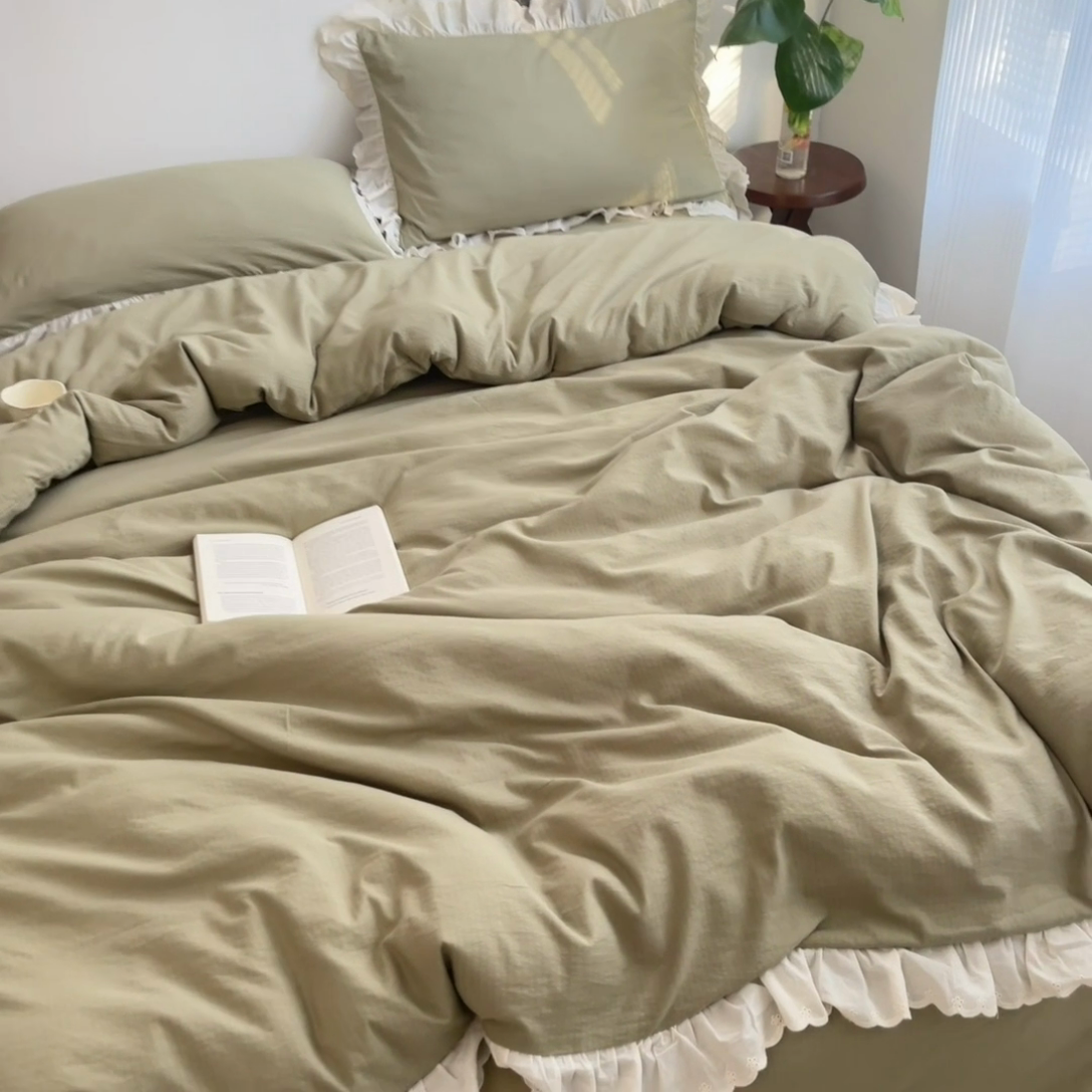 91家纺网 家纺一手货源 找家纺 慕澄家纺 2025新款中古风法式蕾丝复古四件套 青豆