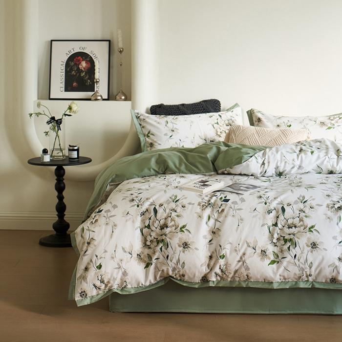 91家纺网 家纺一手货源 找家纺 橙艺家居 2025新款臻品柔棉印花四件套 云苓-绿