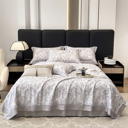 娇逸家居 2025新款50支印花莱赛尔天丝夏被镂空款花边夏凉被 觅丘-灰