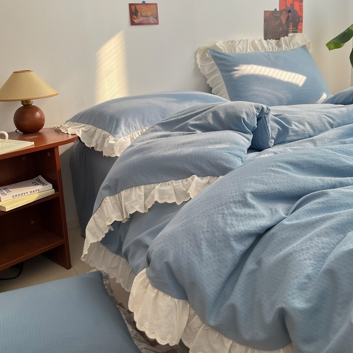 91家纺网 家纺一手货源 找家纺 慕澄家纺 2025新款中古风法式蕾丝复古四件套 波蓝