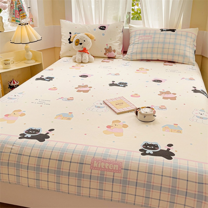 91家纺网 家纺一手货源 找家纺 名兮家居 2025新款13372全棉印花四件套单品系列-单床笠 可爱喵