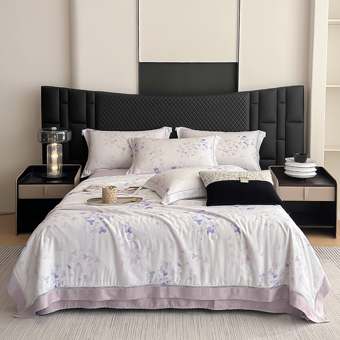 91家纺网 家纺一手货源 找家纺 娇逸家居 2025新款50支印花莱赛尔天丝夏被镂空款花边夏凉被 绮梦