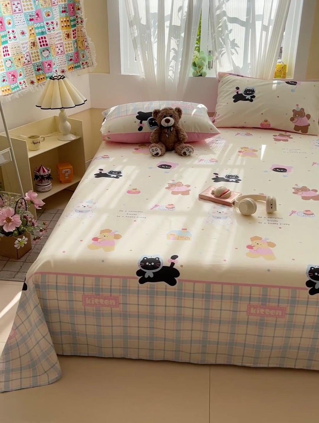 91家纺网 家纺一手货源 找家纺 名兮家居 2025新款13372全棉印花四件套单品系列-单床单 可爱喵