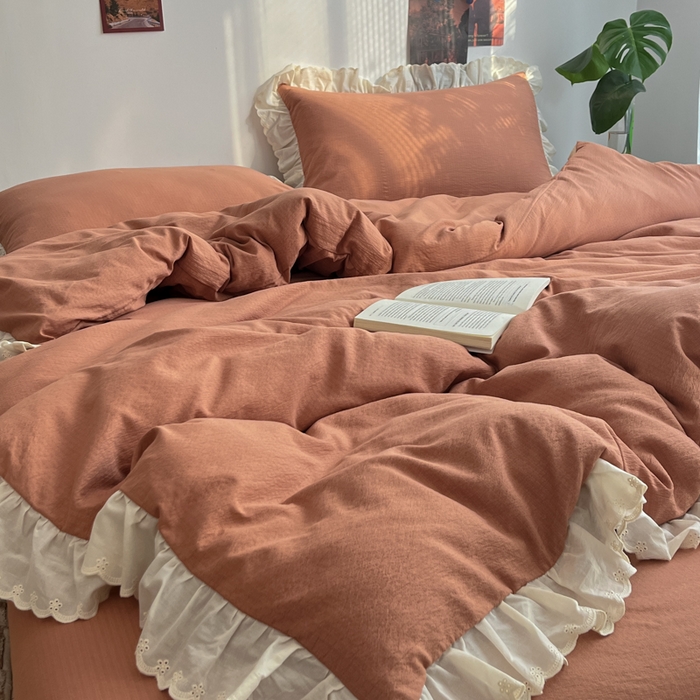 91家纺网 家纺一手货源 找家纺 慕澄家纺 2025新款中古风法式蕾丝复古四件套 焦糖