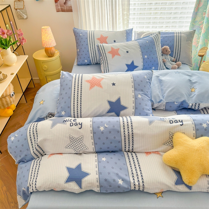 91家纺网 家纺一手货源 找家纺 名兮家居 2025新款12868全棉纯棉四件套 蓝色甜星