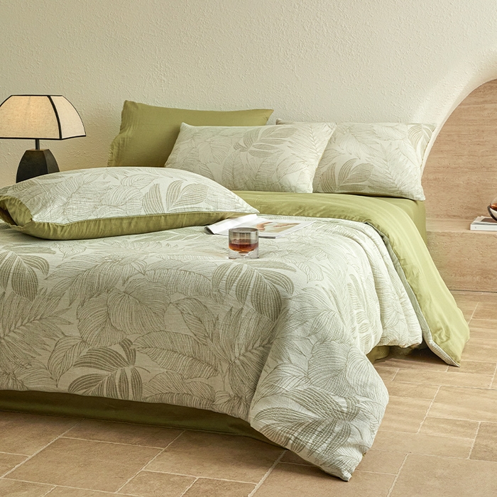 91家纺网 家纺一手货源 找家纺 2025新款全棉三层纱色织大提花四件套系列 满葵-果绿