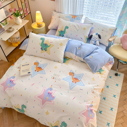 91家纺网 家纺一手货源 找家纺 名兮家居 2025新款12868全棉纯棉四件套 星星恐龙