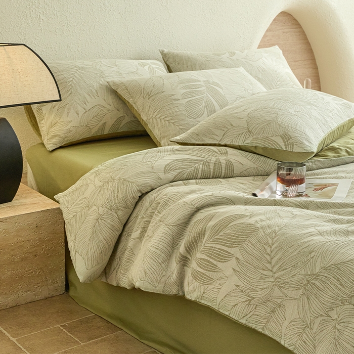 91家纺网 家纺一手货源 找家纺 2025新款全棉三层纱色织大提花四件套系列 满葵-果绿