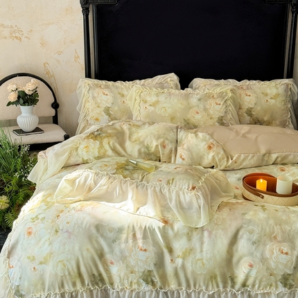 91家纺网 家纺一手货源 找家纺 你好美丽 2025新款高克重数码印花水洗棉蕾丝四件套-春日 春日黄