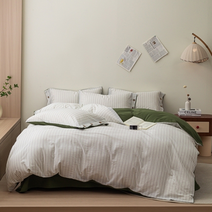 91家纺网 家纺一手货源 找家纺 （总）女子家纺 2025新款色织小提花简约条纹水洗棉纽扣四件套