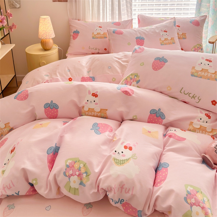 91家纺网 家纺一手货源 找家纺 名兮家居 2025新款12868全棉纯棉四件套 草莓小白兔