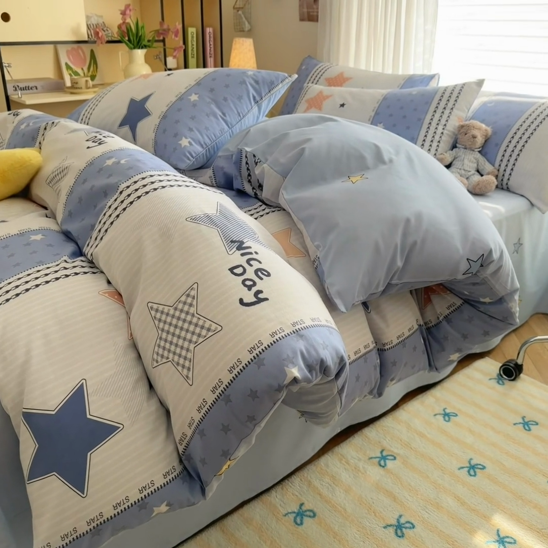 91家纺网 家纺一手货源 找家纺 名兮家居 2025新款12868全棉纯棉四件套 蓝色甜星