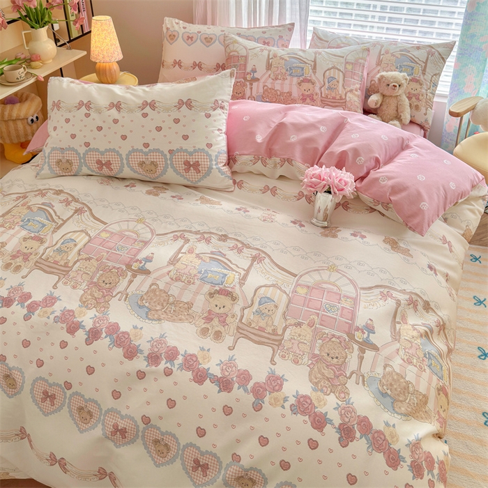 91家纺网 家纺一手货源 找家纺 名兮家居 2025新款12868全棉纯棉四件套 爱心小熊