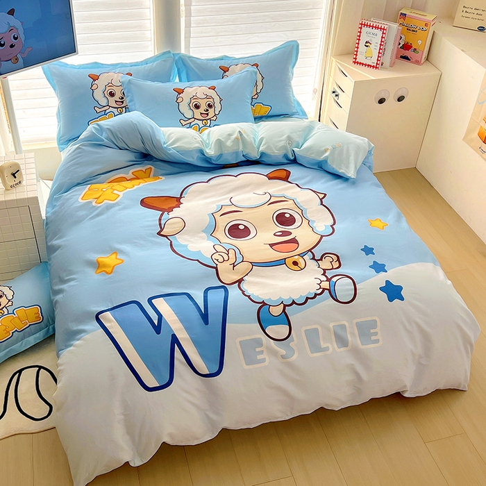 91家纺网 家纺一手货源 找家纺 浩诚 2025新款第二批正版喜羊羊灰太狼全棉卡通大版印花四件套-提供买家秀 喜气羊羊