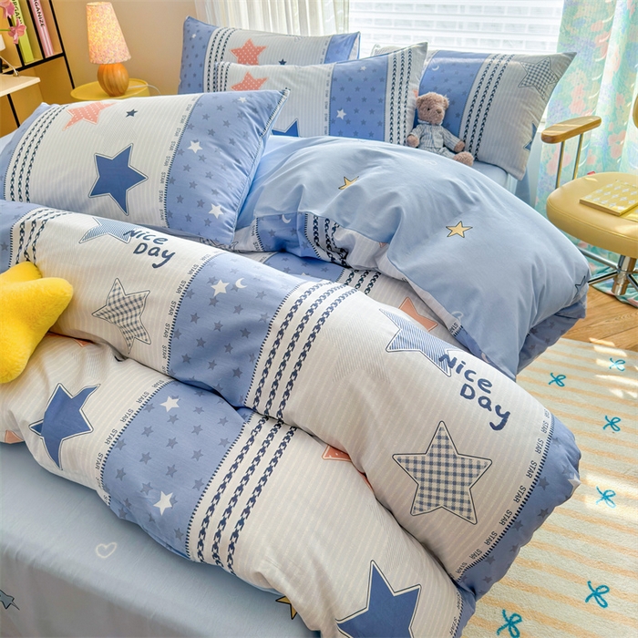 91家纺网 家纺一手货源 找家纺 名兮家居 2025新款12868全棉纯棉四件套 蓝色甜星