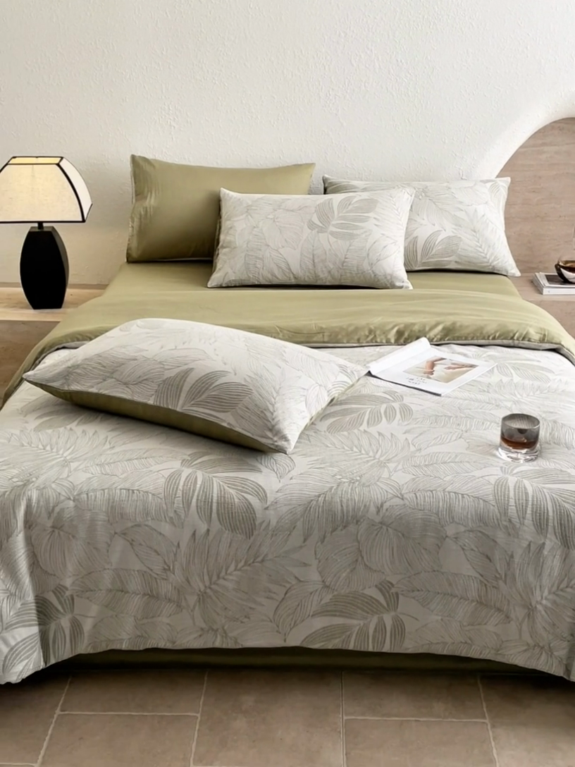 91家纺网 家纺一手货源 找家纺 2025新款全棉三层纱色织大提花四件套系列 满葵-果绿