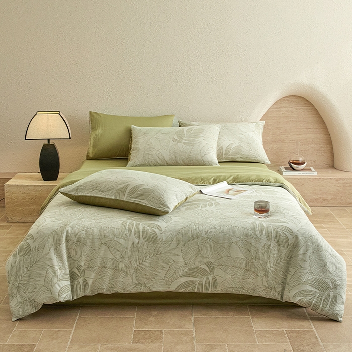 91家纺网 家纺一手货源 找家纺 2025新款全棉三层纱色织大提花四件套系列 满葵-果绿