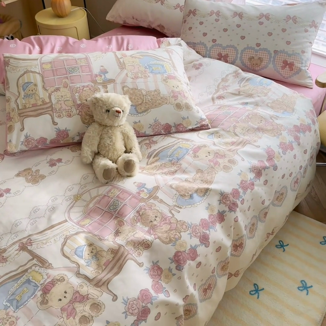 91家纺网 家纺一手货源 找家纺 名兮家居 2025新款12868全棉纯棉四件套 爱心小熊