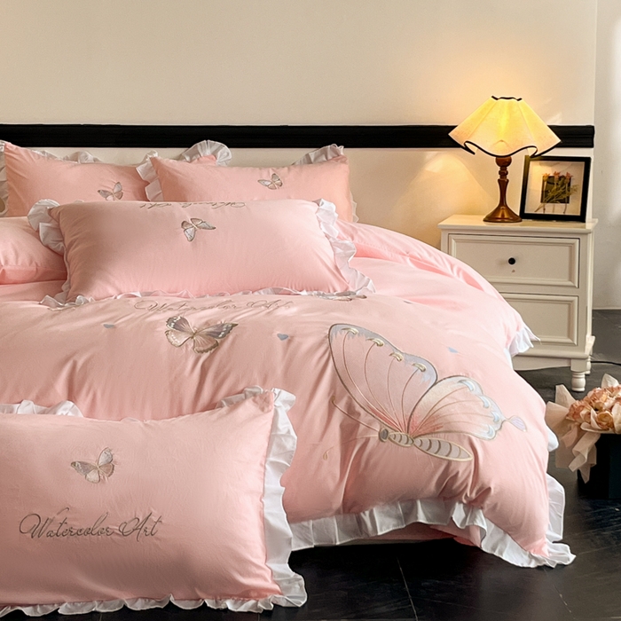 91家纺网 家纺一手货源 找家纺 （总）苏美 2025新款小清新花边水洗棉刺绣四件套