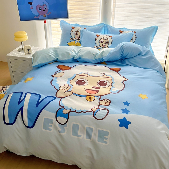 91家纺网 家纺一手货源 找家纺 浩诚 2025新款第二批正版喜羊羊灰太狼全棉卡通大版印花四件套-提供买家秀 喜气羊羊