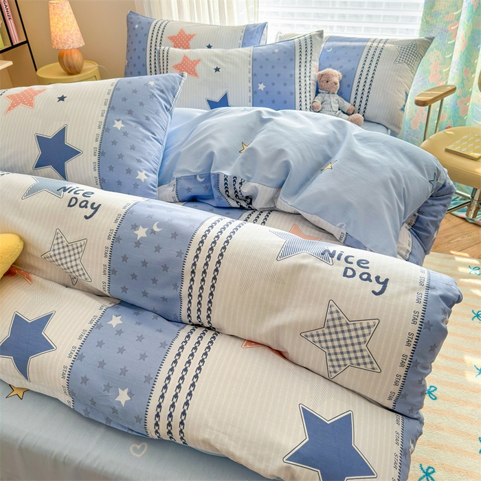 91家纺网 家纺一手货源 找家纺 名兮家居 2025新款12868全棉纯棉四件套 蓝色甜星