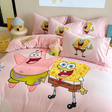 91家纺网 家纺一手货源 找家纺 （总）（买家秀不断货）A类母婴级海绵宝宝卡通儿童双面牛奶绒四件套珊瑚绒四件套雪花绒四件套高克重牛奶绒四件套