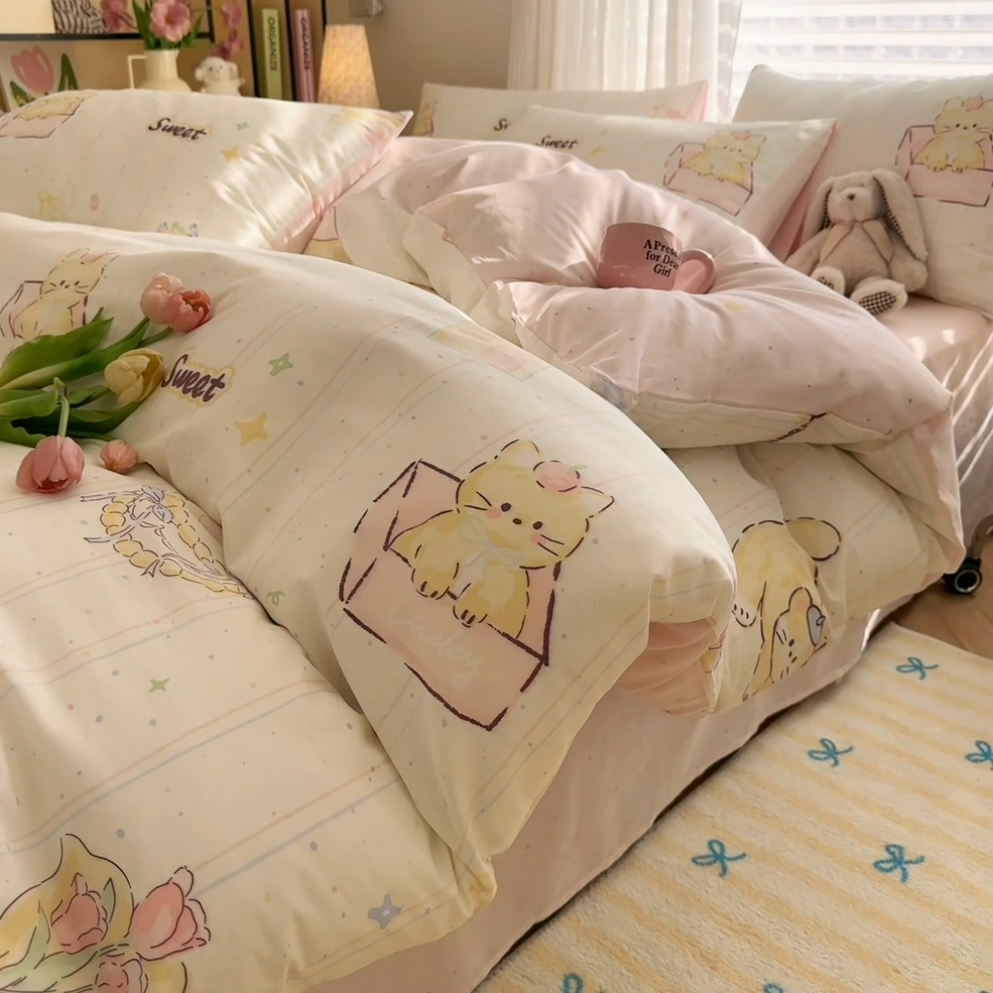 91家纺网 家纺一手货源 找家纺 名兮家居 2025新款12868全棉纯棉四件套 猫咪盒