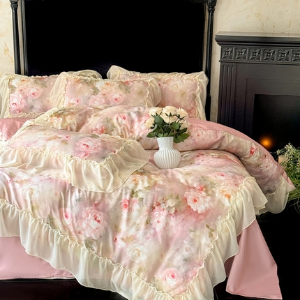 你好美丽 2025新款高克重数码印花水洗棉蕾丝四件套-春日 春日粉