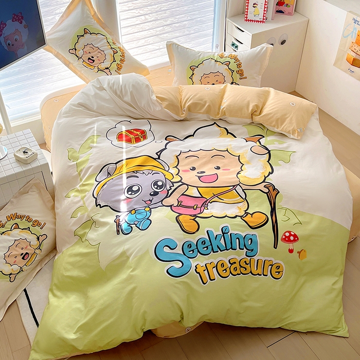 91家纺网 家纺一手货源 找家纺 浩诚 2025新款第二批正版喜羊羊灰太狼全棉卡通大版印花四件套-提供买家秀 去寻宝