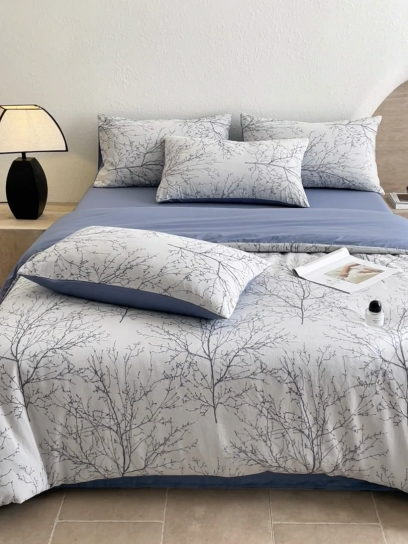 91家纺网 家纺一手货源 找家纺 2025新款全棉三层纱色织大提花四件套系列 悠南-深兰