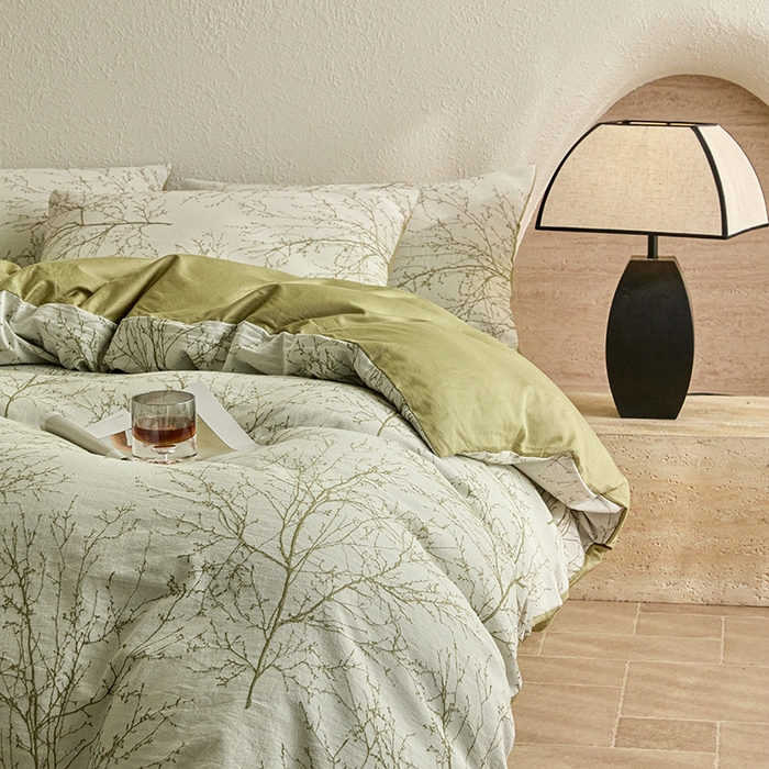 91家纺网 家纺一手货源 找家纺 2025新款全棉三层纱色织大提花四件套系列 悠南-果绿