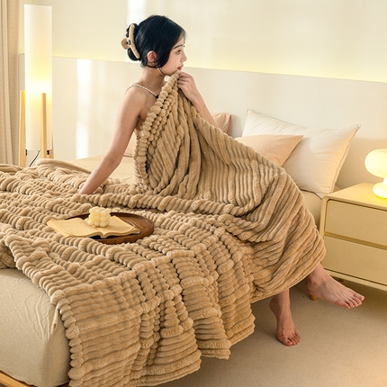 （买家秀不断货）A类母婴级兔兔绒毛毯北极绒毛毯双层毯子牛奶绒毛毯兔兔绒毯子午睡毯珊瑚绒毛毯羊羔绒毛毯 子母条-经典驼