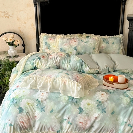 91家纺网 家纺一手货源 找家纺 你好美丽 2025新款高克重数码印花水洗棉蕾丝四件套-春日 春日绿