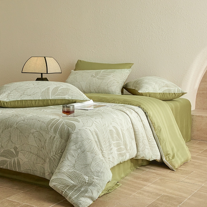 91家纺网 家纺一手货源 找家纺 2025新款全棉三层纱色织大提花四件套系列 满葵-果绿