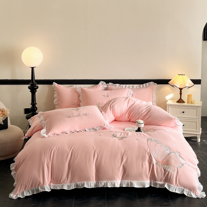 91家纺网 家纺一手货源 找家纺 （总）苏美 2025新款小清新花边水洗棉刺绣四件套