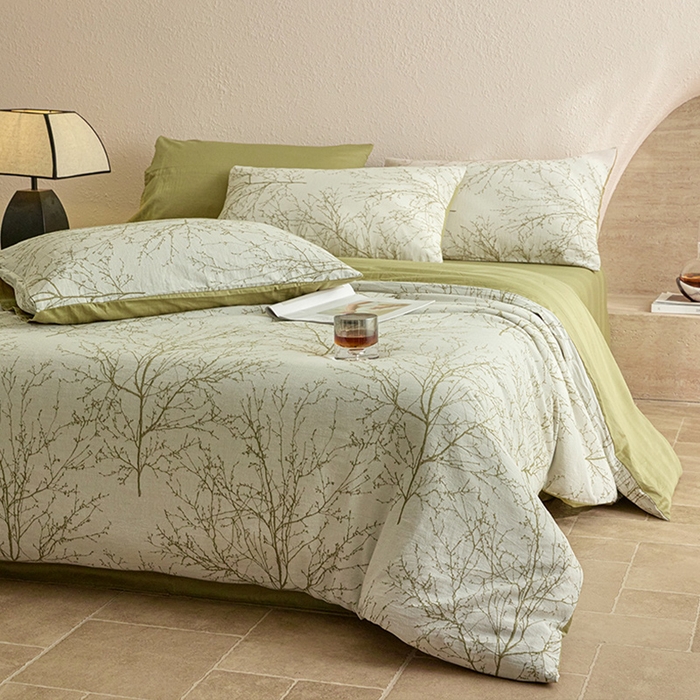 91家纺网 家纺一手货源 找家纺 2025新款全棉三层纱色织大提花四件套系列 悠南-果绿