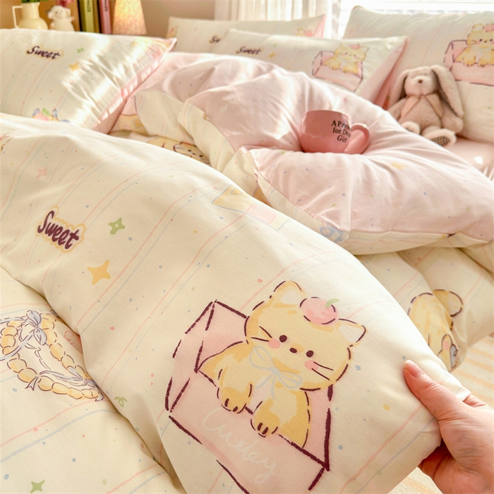 91家纺网 家纺一手货源 找家纺 名兮家居 2025新款12868全棉纯棉四件套 猫咪盒