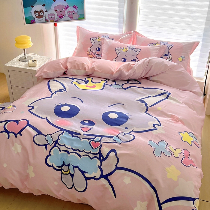 91家纺网 家纺一手货源 找家纺 浩诚 2025新款第二批正版喜羊羊灰太狼全棉卡通大版印花四件套-提供买家秀 甜蜜蜜红太狼